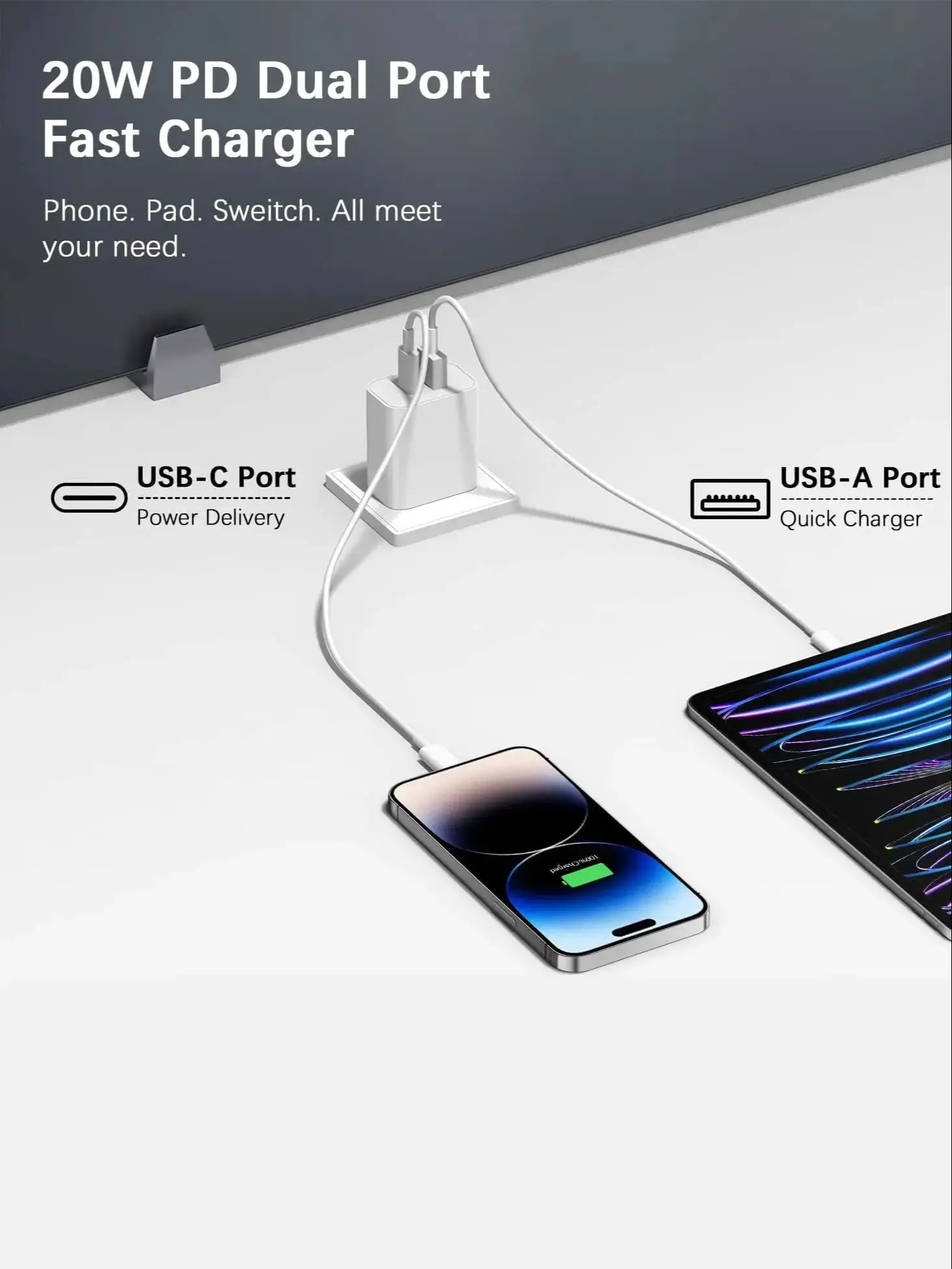 20W Dual USB Wall Charger with 6FT Type-C Cable β PD Fast Charging Block for iPhone & Android Devices - Image 3