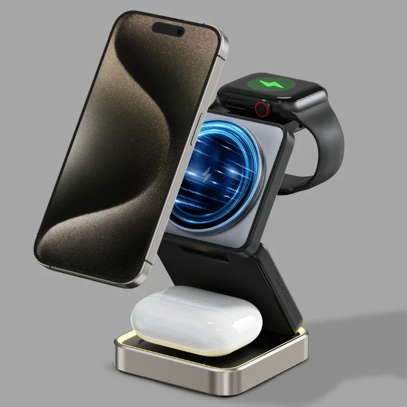 Magnetic 3-in-1 Folding Wireless Charger β Fast Charging Dock for iPhone 12β15, Apple Watch & TWS Earbuds - Image 3