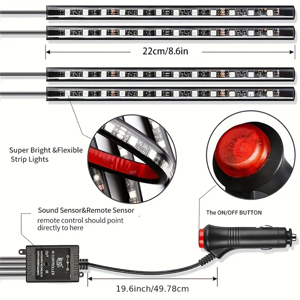 RGB LED Car Interior Strip Lights – USB Ambient Footwell Lamp with Remote & Music Sync - Image 8